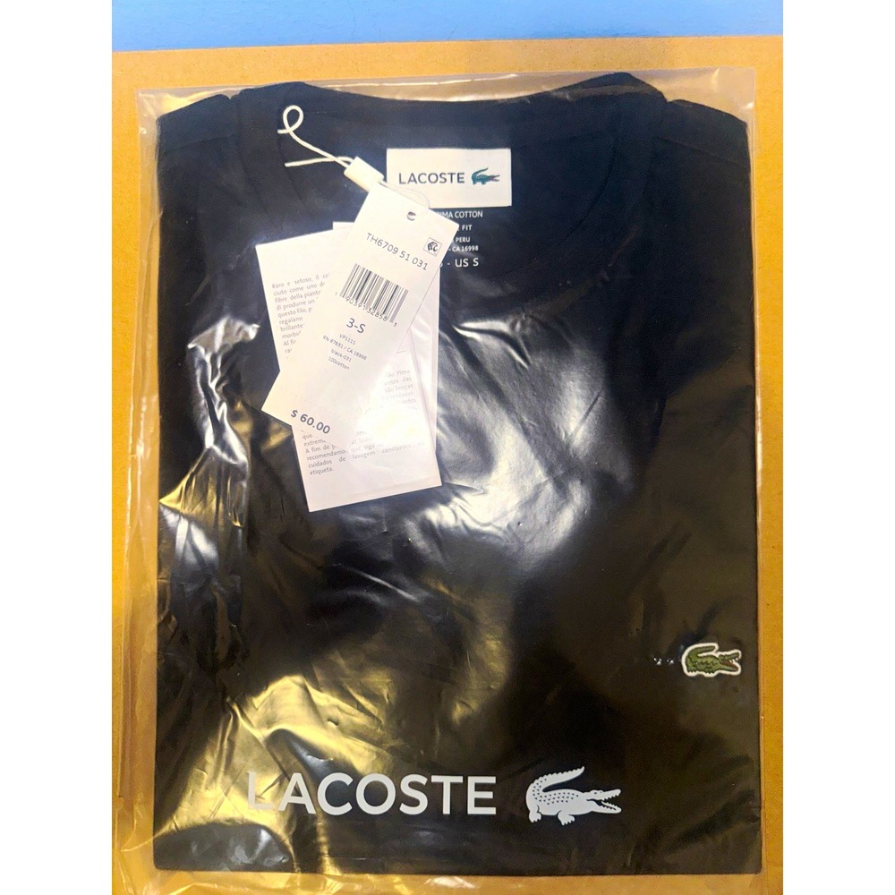 Lacoste Pima Cotton Mens Black Crew Neck Classic Fit Logo T-Shirt TH6709 S